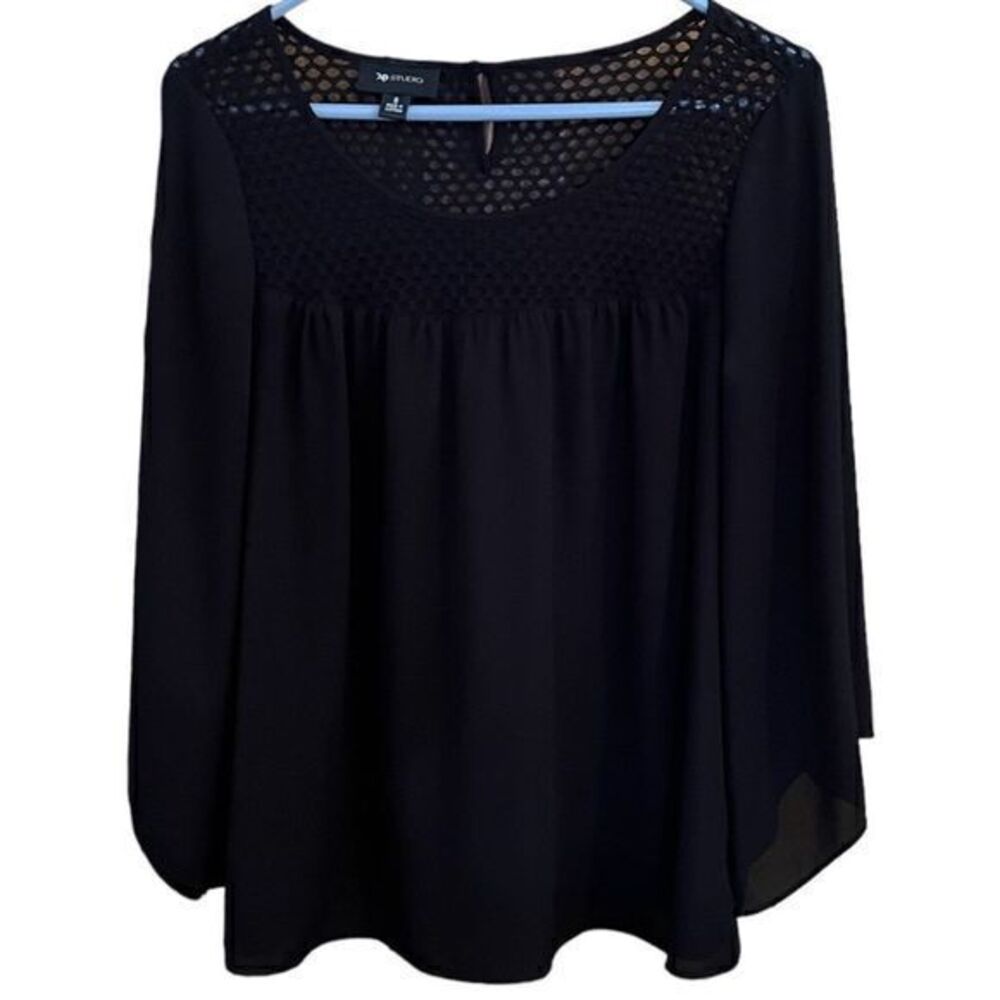 AB Studio Women Pullover Lace Upper Blouse Top Scoop Neck‎ Black Size Small